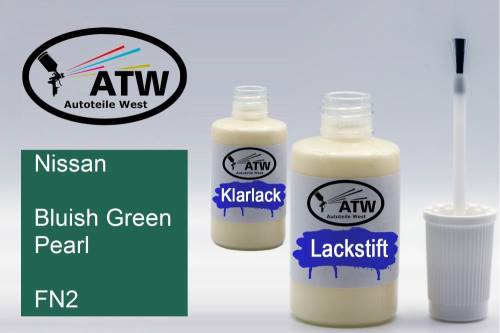 Nissan, Bluish Green Pearl, FN2: 20ml Lackstift + 20ml Klarlack - Set, von ATW Autoteile West.